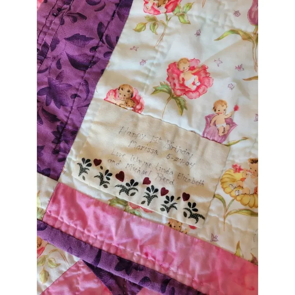 Handmade Baby Quilt Garden Fairy Pink Purple EUC